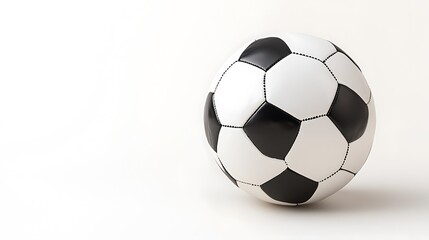 A soccer ball in a stationary position on a bright white background, displaying classic black-and-white panel design 