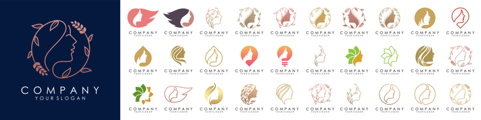 set of Beautiful woman's face flower star with line art style logo design.  Abstract design concept for beauty salon, massage, magazine, cosmetic and spa.