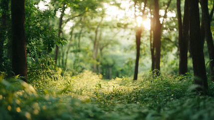 Sunlit Forest Floor with Dappled Lighting and Inviting Path
