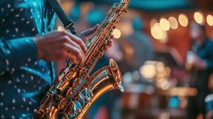 A jazz concert in a small club, a musician plays the saxophone, creating a cozy atmosphere