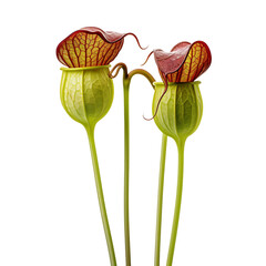 Close up of three pitcher plants.  Botanical illustration of carnivorous plant.