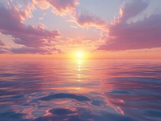 Fototapeta premium Capture a magnificent sunset over a vast, tranquil ocean, showing the horizon meeting the water in a breathtaking display of colors and light, perfect for a digital illustration