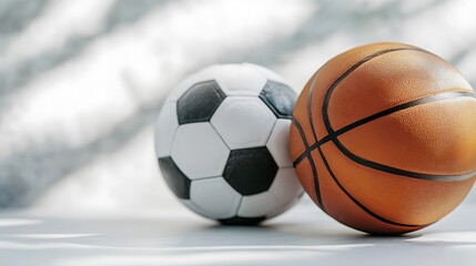 Minimalist depiction of sports gear, focusing on a basketball and soccer ball on a clean white surface for a professional presentation 