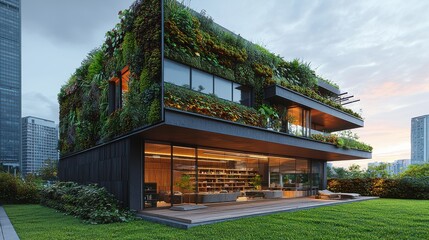 Obraz premium Sustainable urban dwelling with living wall modern cityscape architecture showcase eco-friendly environment ground perspective