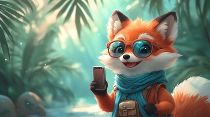 Two foxes wearing sunglasses posing for selfies under the shade of palm trees