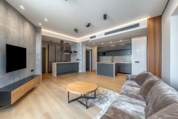 Modern living room with open kitchen design in a spacious apartment featuring neutral tones and contemporary furnishings