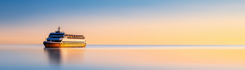 Obraz premium Large ferry sailing on calm waters during sunset, reflecting warm colors