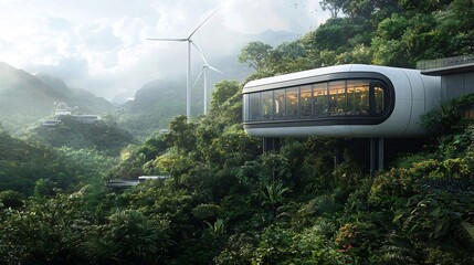 Spinning white wind turbines on hilltop overlooking a lush green valley in a scenic rural landscape  Renewable energy and clean electricity production concept