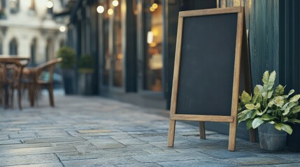 An empty blackboard sign mockup is positioned in front of a restaurant, ready for menu listings. The setting includes a street cafe or restaurant background