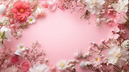 Fototapeta premium Floral mockup softly frames pink background photo. AI Generated