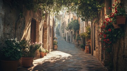 Obraz premium Atmospheric alley in a Mediterranean town with a stunning play of light and shadow, perfect for capturing the essence of travel and tourism in a picturesque setting
