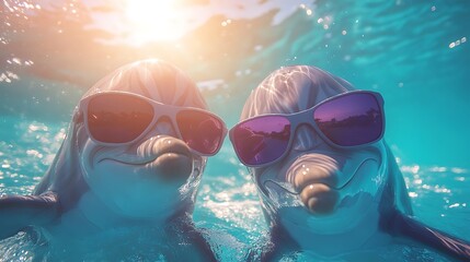 Two dolphins with sunglasses capturing selfies on a sunny ocean beach