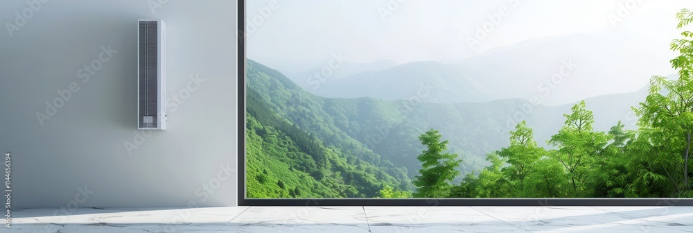 Poster air conditioner mounted on wall beside large open window with serene view of green mountains and tre