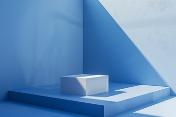 Minimalist blue background with podium for product presentation