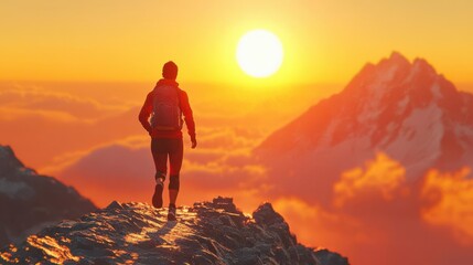 Fototapeta premium Capture the essence of perseverance through a stunning digital art piece showcasing a lone runner conquering a challenging sunrise trail