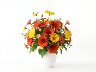 Vibrant blooms in a pristine white vase, stark white backdrop, colorful bouquet, flower arrangement