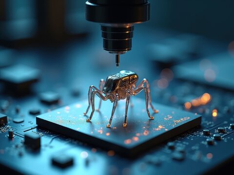 Highly detailed closeup reveals a single nanorobot delicately positioned on a circuit board during advanced tech research