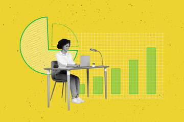 Creative collage picture young woman employee worker office clerk charts infographic project...