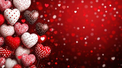 A vibrant collection of decorative hearts in red and white hues against a blurred red background, creating a romantic and festive atmosphere.