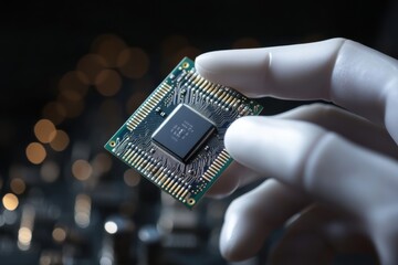 Close-up of a person holding a computer chip in a laboratory with blurred lights in the background