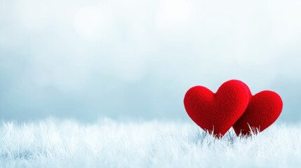 Fototapeta premium Two red hearts sit closely together on a soft, white surface, symbolizing love and affection in a serene, minimalistic setting.
