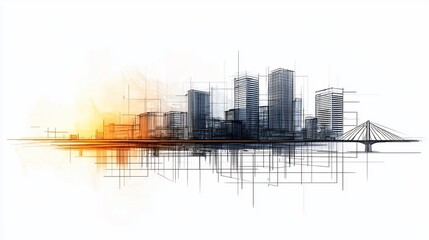 Urban skyline sketch with vibrant sunset glow and reflection.