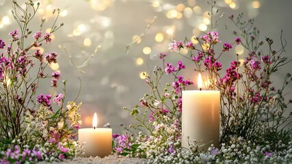 A magical composition of glowing candles, spring flowers,
