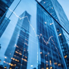 Market trends reflected on modern glass buildings during dusk in an urban financial district