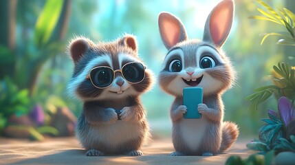 Fototapeta premium A raccoon and a rabbit wearing sunglasses holding a phone for selfies on a sunny tropical beach