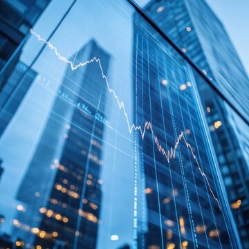 Market trends reflected on modern glass buildings during dusk in an urban financial district