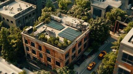 Fototapeta premium Compact Rooftop Solar Energy System Powering an Urban Industrial Factory Building in a Sustainable Cityscape