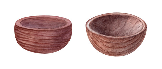 Wooden empty bowls clip art watercolor illustration in rustic style. Kitchen dark brown utensil for cereal, Acai. Cooking handmade tools for food. Template for home decor, cookbook, recipe