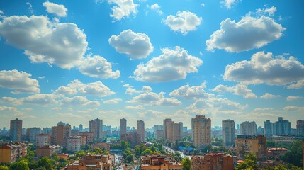 Naklejka premium Sunny day over urban landscape with scattered cumulus clouds city skyline view vibrant atmosphere