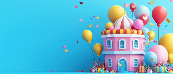 Colorful party scene featuring whimsical building with balloons, confetti, and gifts, creating festive atmosphere