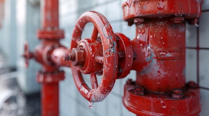Closeup of a bright red fire hydrant in an urban environment with a blurred cityscape and wet pavement in the background