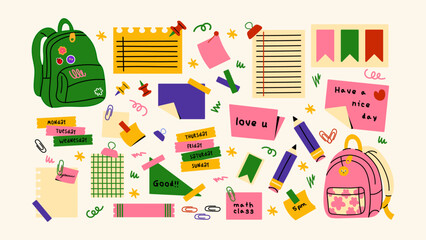 Back to school stickers. Backpacks, school items, stationery, notebooks in retro groovy cartoon style. Vector shapes for study, school, university