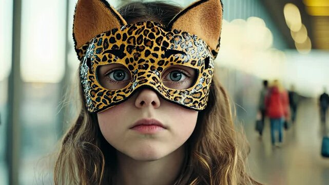 Quadrobics, quads. Teenage girl wearing a tiger cat mask. Quadrober youth subculture concept. Blog, social media, or news article. Child in an animal furry mask walking outdoors. Quadrobeast Lifestyle