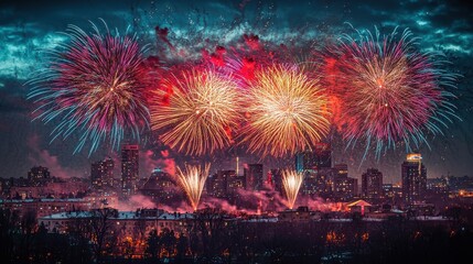 Obraz premium City skyline fireworks display urban center nighttime celebration vibrant colors aerial view festive atmosphere