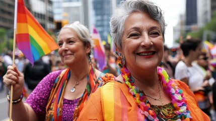 Fototapeta premium Mature women at the LGBTQ parade, showing solidarity with colorful pride flags