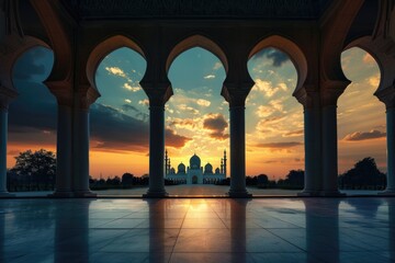 Outdoor floor with mosque silhouette against dramatic sky. Islamic theme.