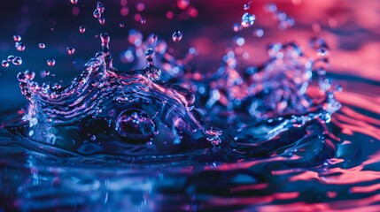 Dynamic water splash with droplets in vibrant pink and blue light