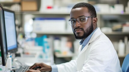 Obraz premium Research Lab Scientist Using Computer