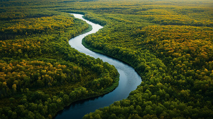 Aerial view of winding river cutting through lush forest nature photography scenic landscape immersive perspective