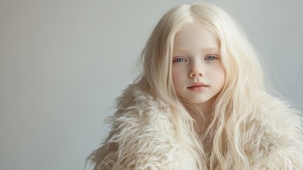 Slavic albino girl with long hair in a fur jacket, posing elegantly for a photo. Ideal for children's fashion campaigns, winter apparel ads, and diversity awareness initiatives