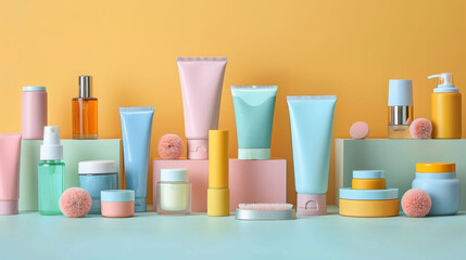 Bright and colorful personal care products arranged on pastel blocks, showcasing variety of skincare and beauty items. vibrant display evokes sense of freshness and self care