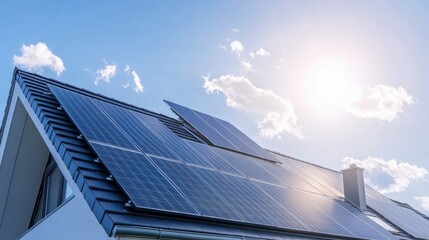 Solar panels on the roof of a modern house that absorb sunlight to produce clean energy