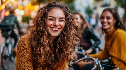 Joyful young women with curly hair smiling outdoors on bicycles.