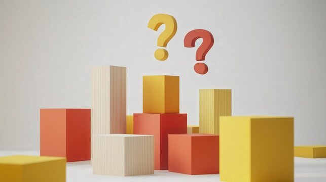 Colorful geometric shapes with question marks symbolizing curiosity and uncertainty in learning, creativity, and exploration in a modern design setting.