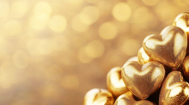 A stack of shiny golden hearts glimmers against a soft, golden bokeh background, evoking warmth and love.