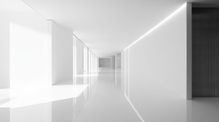 Fototapeta premium A bright and empty hall room with a blank white wall, glossy white floor, and evenly distributed LED lighting from the ceiling